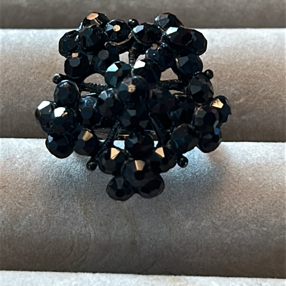 Black faux crystal bling statement ring adjustable